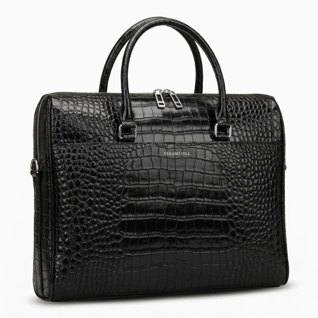 Croc-Embossed Genuine Leather Briefcase